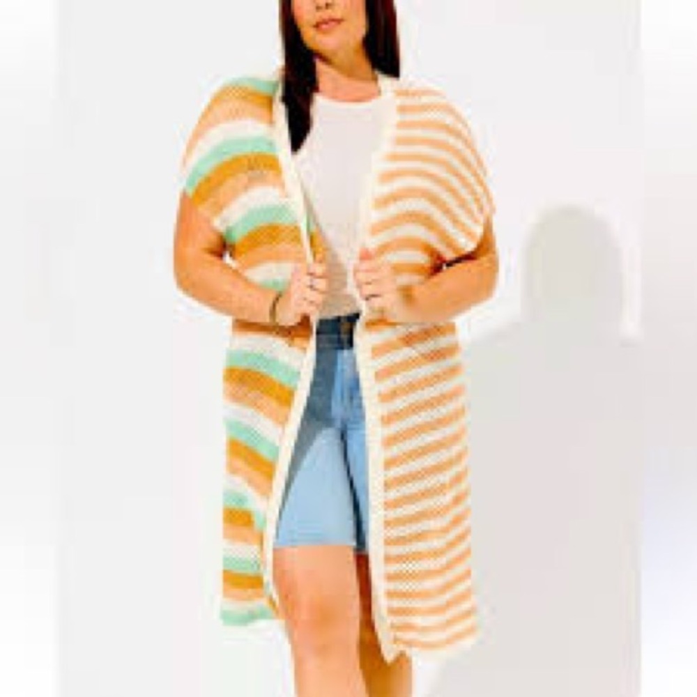 Torrid Striped Knit Cardigan in Orange, Green, and Cream
